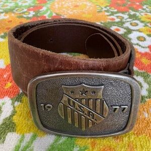 Vintage USA Shield Belt with Metal Buckle - Brown Leather